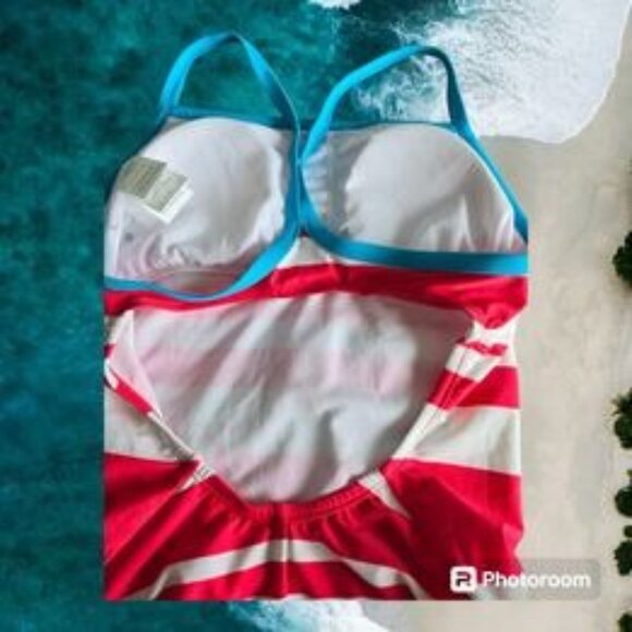 Women's Nike Swimsuit One Piece Size 8 M Red & White Striped Blue Trim Logo EUC - Picture 5 of 7